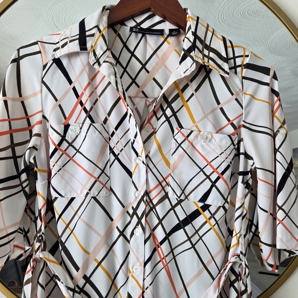 New York & Co White Plaid Button Front Shirt Dress Belted Small Petite EUC NY&Co - Picture 5 of 16
